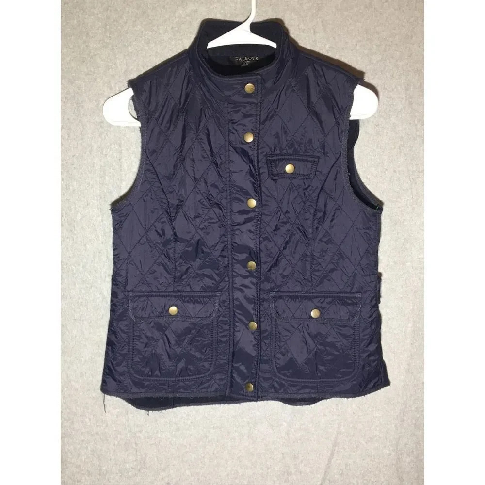 Womens Talbots Petite Vest Navy Blue Layering Pockets Zipper Closet Staple